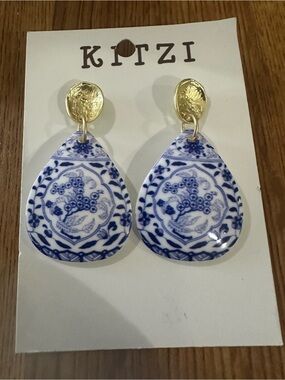 Blue and White Teardrop Porcelain-Style Earrings with Gold Posts